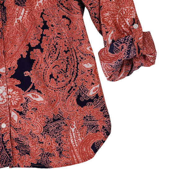Tommy Hilfiger S Paisley Button Up Shirt Women Orange Blue Roll Tab Sleeves BOHO - Picture 10 of 14
